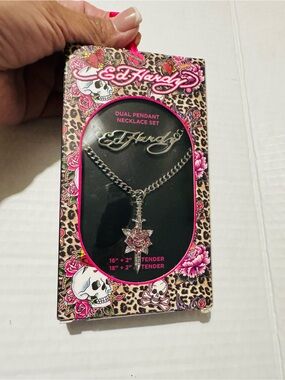 Ed Hardy Pink Crystal Rose and Dagger dual Pendant Necklace BNWT